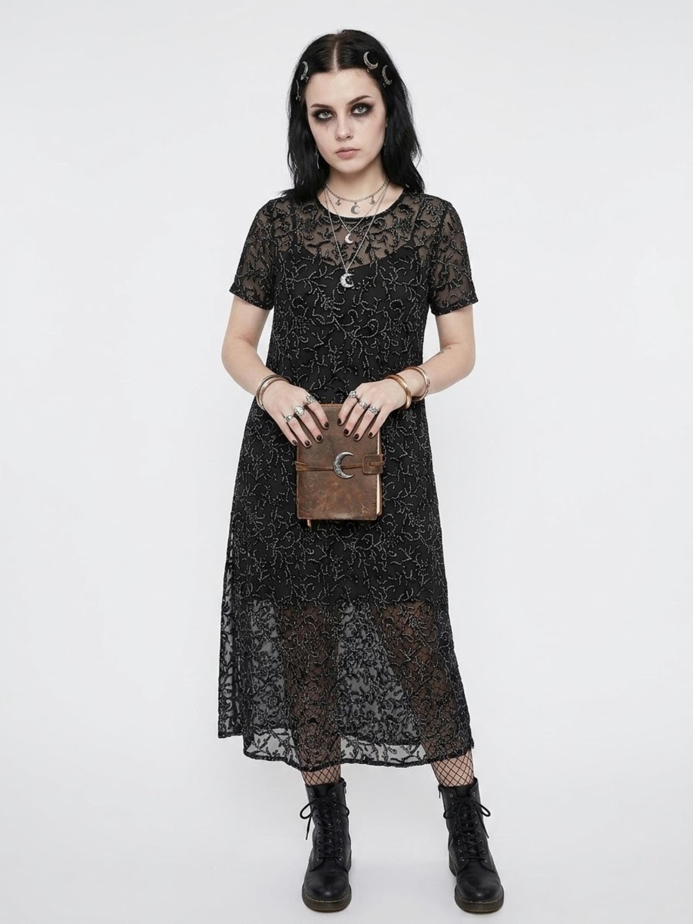 Whimsigoth Sheer Black Glitter Velvet Burnout Maxi Dress High Slit Witchy Vamp